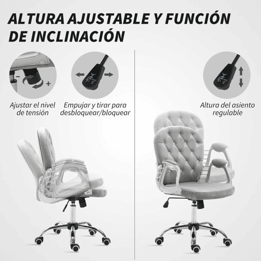 Vinsetto Cadeira de Escritório Estofada em Veludo Cadeira Giratória com Altura Ajustável Apoio para os Braços e Decorações de Cristal Carga 120 kg Cadeira para Estudio Dormitório 59,5x60,5x95-105 cm Cinzenta