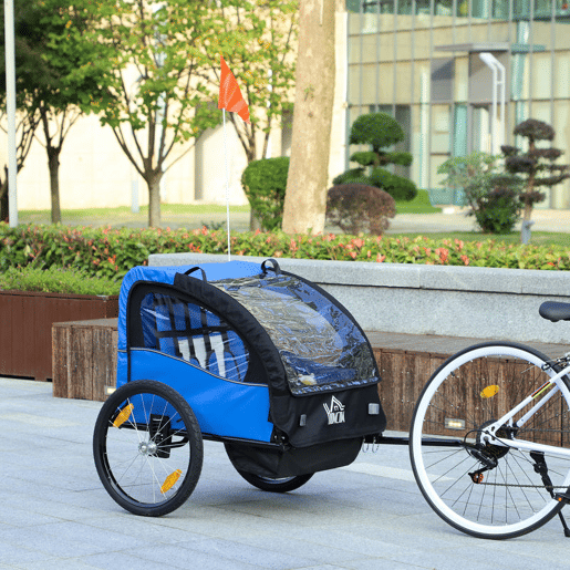 HOMCOM Reboque de Bicicleta para Crianças acima de 18 Meses Reboque de Bicicleta com 2 Lugares com Cinto de Segurança Espaço de Armazenamento e Sistema de Amortecimento 140x88x90 cm Azul