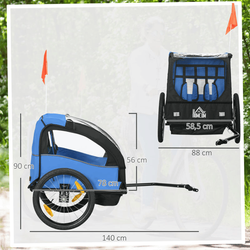 HOMCOM Reboque de Bicicleta para Crianças acima de 18 Meses Reboque de Bicicleta com 2 Lugares com Cinto de Segurança Espaço de Armazenamento e Sistema de Amortecimento 140x88x90 cm Azul