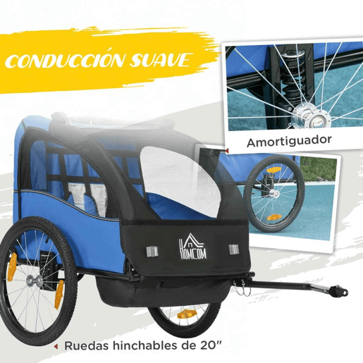 HOMCOM Reboque de Bicicleta para Crianças acima de 18 Meses Reboque de Bicicleta com 2 Lugares com Cinto de Segurança Espaço de Armazenamento e Sistema de Amortecimento 140x88x90 cm Azul