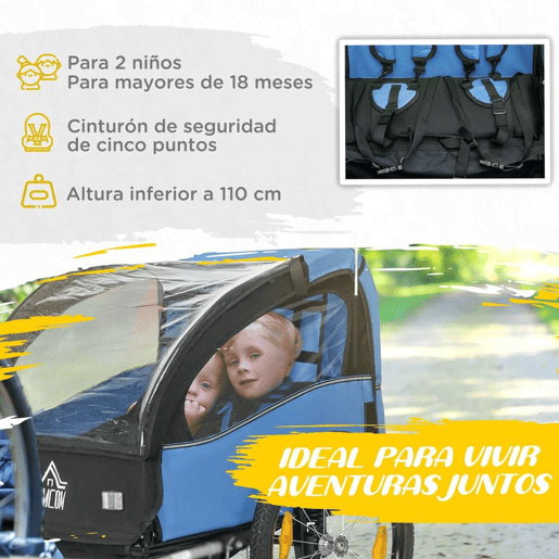 HOMCOM Reboque de Bicicleta para Crianças acima de 18 Meses Reboque de Bicicleta com 2 Lugares com Cinto de Segurança Espaço de Armazenamento e Sistema de Amortecimento 140x88x90 cm Azul