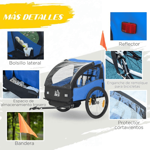 HOMCOM Reboque de Bicicleta para Crianças acima de 18 Meses Reboque de Bicicleta com 2 Lugares com Cinto de Segurança Espaço de Armazenamento e Sistema de Amortecimento 140x88x90 cm Azul