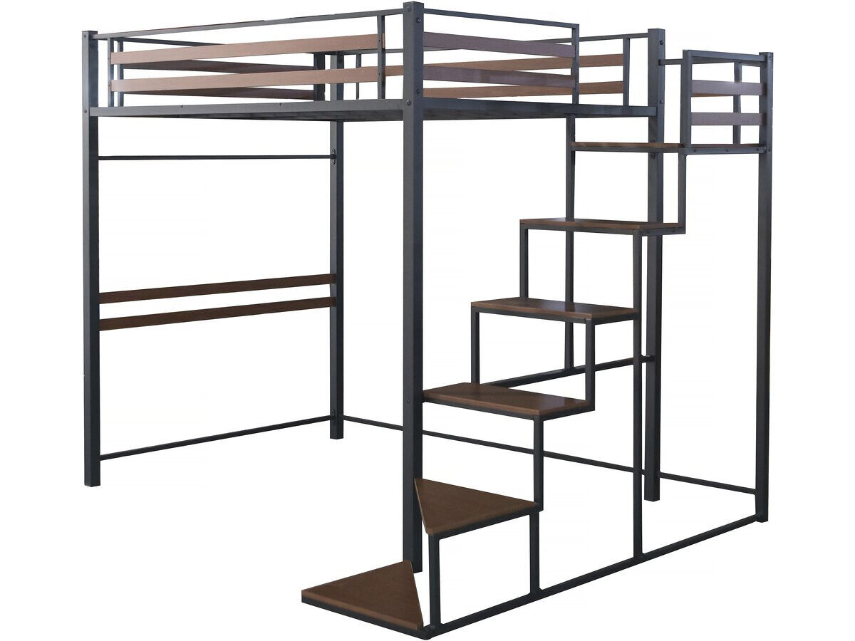 cama alta de metal con escalera lena - 140 x 200 cm - negro y marron nogal