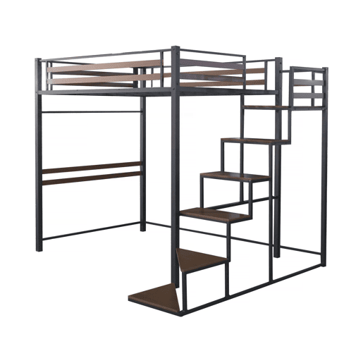 Cama alta de metal com escada u201CLENAu201D - 140 x 200 cm - Preto e castanho nogueira