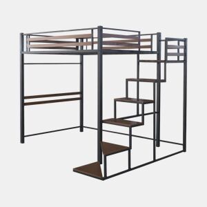 Cama alta de metal com escada u201CLENAu201D - 140 x 200 cm - Preto e castanho nogueira