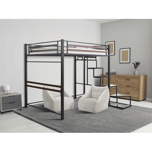 Cama alta de metal com escada u201CLENAu201D - 140 x 200 cm - Preto e castanho nogueira