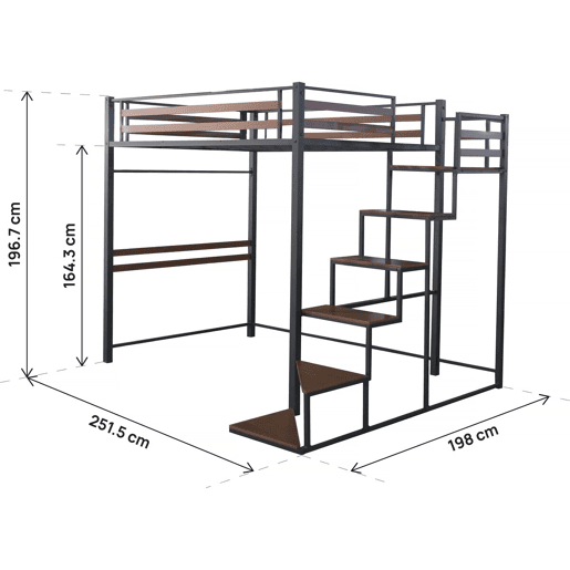 Cama alta de metal com escada u201CLENAu201D - 140 x 200 cm - Preto e castanho nogueira