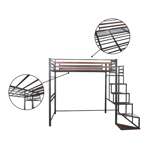 Cama alta de metal com escada u201CLENAu201D - 140 x 200 cm - Preto e castanho nogueira
