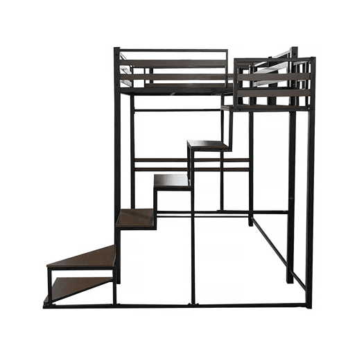 Cama alta de metal com escada u201CLENAu201D - 140 x 200 cm - Preto e castanho nogueira