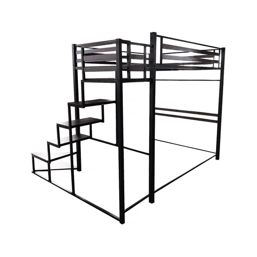 Cama alta de metal com escada u201CLENAu201D - 140 x 200 cm - Preto e castanho nogueira
