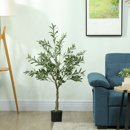 HOMCOM Oliveira Artificial 120 cm Planta Artificial Decorativa Grande Árvore Artificial de Interior com 20 Azeitonas Decoração para Lar Escritório Varanda Quarto Verde