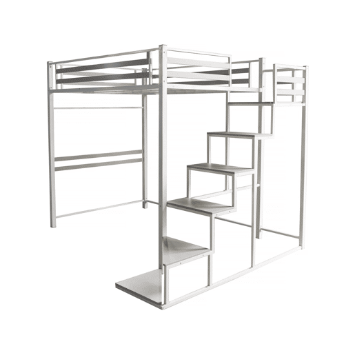Cama alta de metal com escada u201CLENAu201D - 140 x 200 cm - Branco