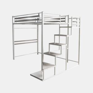 Cama alta de metal com escada u201CLENAu201D - 140 x 200 cm - Branco