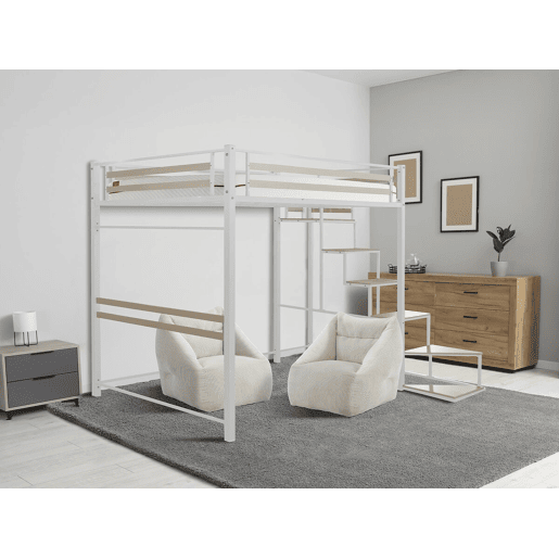 Cama alta de metal com escada u201CLENAu201D - 140 x 200 cm - Branco