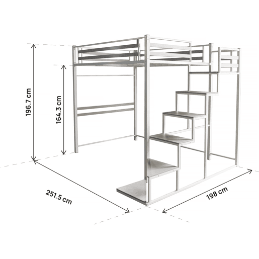 Cama alta de metal com escada u201CLENAu201D - 140 x 200 cm - Branco