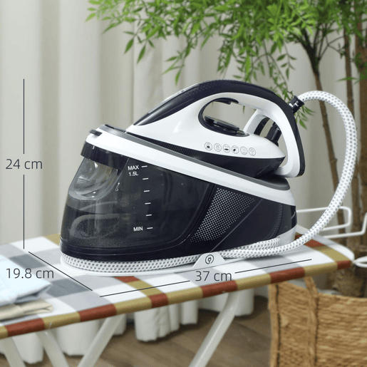 HOMCOM Ferro com Caldeira 2600W 100 gmin 8 Bares Função ECO Base de Cerâmica Engomagem Vertical Potente Desligamento Automático Sistema Anticalcário Autolimpeza Depósito Removível 1,5 L 37x19,8x24 cm Azul
