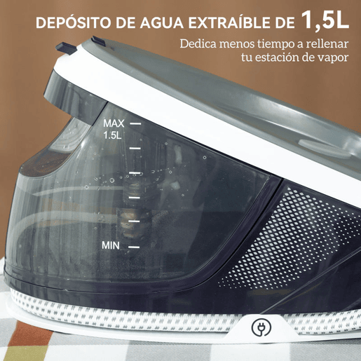 HOMCOM Ferro com Caldeira 2600W 100 gmin 8 Bares Função ECO Base de Cerâmica Engomagem Vertical Potente Desligamento Automático Sistema Anticalcário Autolimpeza Depósito Removível 1,5 L 37x19,8x24 cm Azul