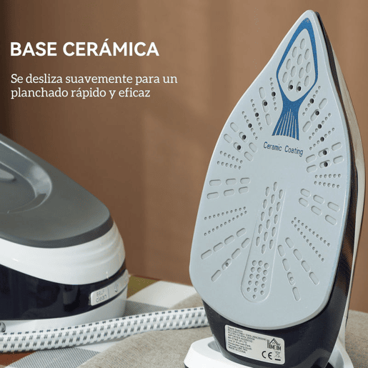 HOMCOM Ferro com Caldeira 2600W 100 gmin 8 Bares Função ECO Base de Cerâmica Engomagem Vertical Potente Desligamento Automático Sistema Anticalcário Autolimpeza Depósito Removível 1,5 L 37x19,8x24 cm Azul