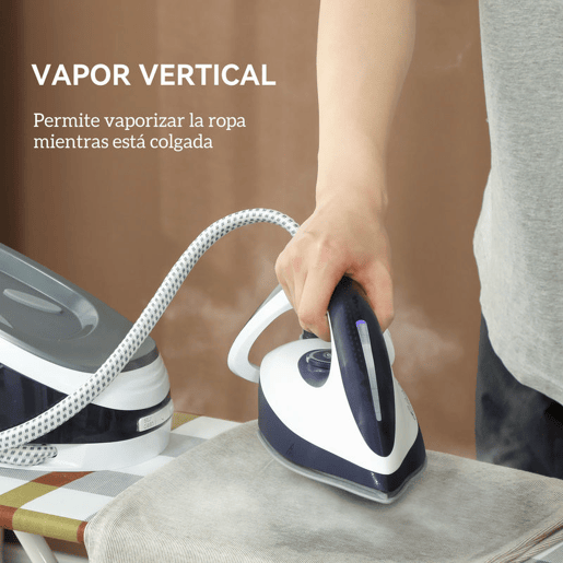 HOMCOM Ferro com Caldeira 2600W 100 gmin 8 Bares Função ECO Base de Cerâmica Engomagem Vertical Potente Desligamento Automático Sistema Anticalcário Autolimpeza Depósito Removível 1,5 L 37x19,8x24 cm Azul