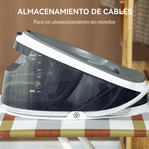 HOMCOM Ferro com Caldeira 2600W 100 gmin 8 Bares Função ECO Base de Cerâmica Engomagem Vertical Potente Desligamento Automático Sistema Anticalcário Autolimpeza Depósito Removível 1,5 L 37x19,8x24 cm Azul