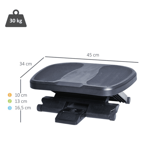 HOMCOM Apoio para os Pés com Superfície Texturizada Apoio para os Pés com Inclinação de 0-30° Massagem e Altura Ajustável em 3 Níveis para Escritório 45x34x10-16,5 cm Preto