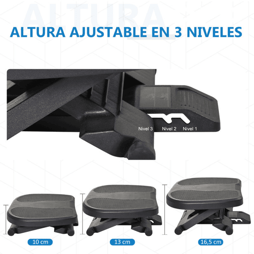 HOMCOM Apoio para os Pés com Superfície Texturizada Apoio para os Pés com Inclinação de 0-30° Massagem e Altura Ajustável em 3 Níveis para Escritório 45x34x10-16,5 cm Preto