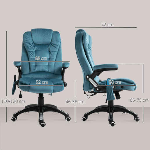 Vinsetto Cadeira de Massagem com 6 Pontos de Massagem Cadeira de Escritório Reclinável até 130° com Função de Aquecimento Altura Ajustável e Rodas para Estúdio 68x72x110-120 cm Azul