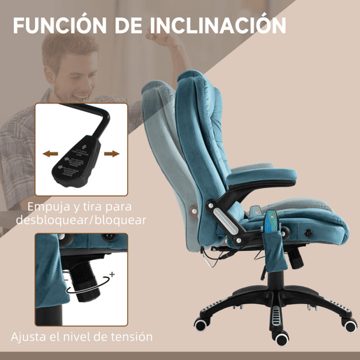 Vinsetto Cadeira de Massagem com 6 Pontos de Massagem Cadeira de Escritório Reclinável até 130° com Função de Aquecimento Altura Ajustável e Rodas para Estúdio 68x72x110-120 cm Azul