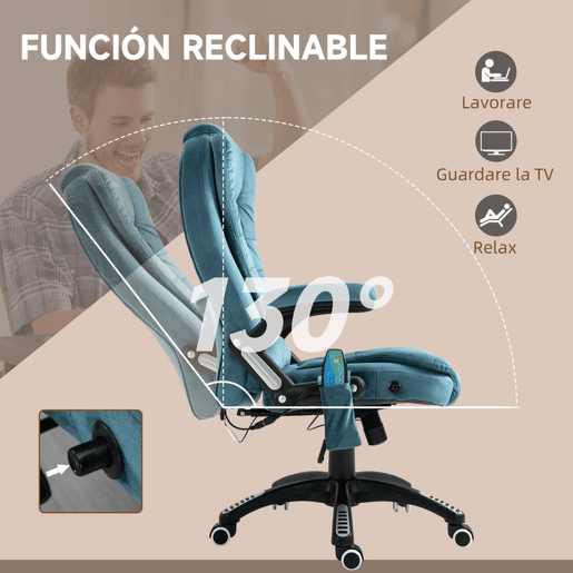 Vinsetto Cadeira de Massagem com 6 Pontos de Massagem Cadeira de Escritório Reclinável até 130° com Função de Aquecimento Altura Ajustável e Rodas para Estúdio 68x72x110-120 cm Azul