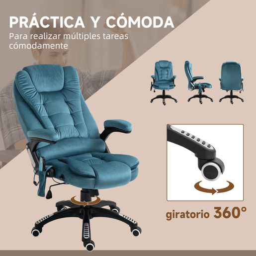 Vinsetto Cadeira de Massagem com 6 Pontos de Massagem Cadeira de Escritório Reclinável até 130° com Função de Aquecimento Altura Ajustável e Rodas para Estúdio 68x72x110-120 cm Azul