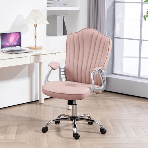 HOMCOM Cadeira de Escritório com Encosto Alto Cadeira para Secretária com Altura Ajustável Apoios de Braços Função Inclinável e Rodas em PU 61x62x106-116 cm Rosa