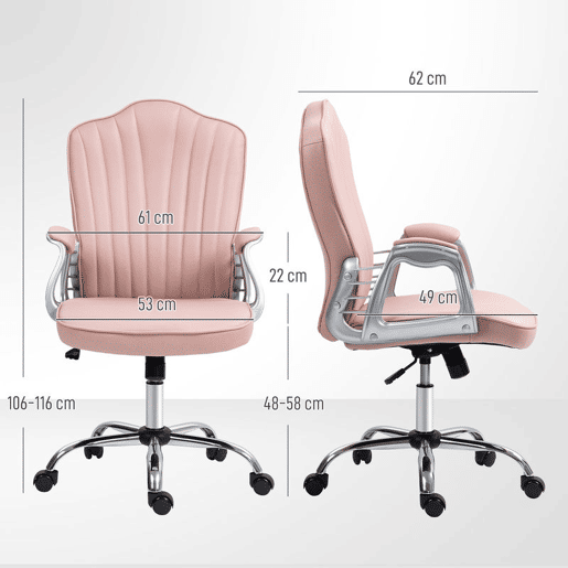 HOMCOM Cadeira de Escritório com Encosto Alto Cadeira para Secretária com Altura Ajustável Apoios de Braços Função Inclinável e Rodas em PU 61x62x106-116 cm Rosa