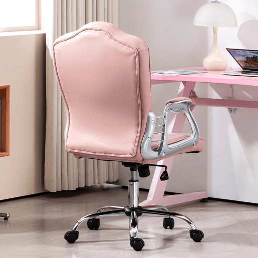 HOMCOM Cadeira de Escritório com Encosto Alto Cadeira para Secretária com Altura Ajustável Apoios de Braços Função Inclinável e Rodas em PU 61x62x106-116 cm Rosa