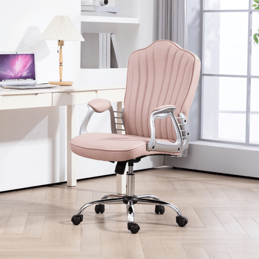 HOMCOM Cadeira de Escritório com Encosto Alto Cadeira para Secretária com Altura Ajustável Apoios de Braços Função Inclinável e Rodas em PU 61x62x106-116 cm Rosa