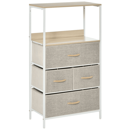 HOMCOM Cómoda com 4 Gavetas Dobráveis e Prateleira Aberta Cómoda com Gavetas de Tecido para Escritório Dormitórios Estilo Industrial Anti-Tombo 58x29x103cm Madeira e Cinza Claro