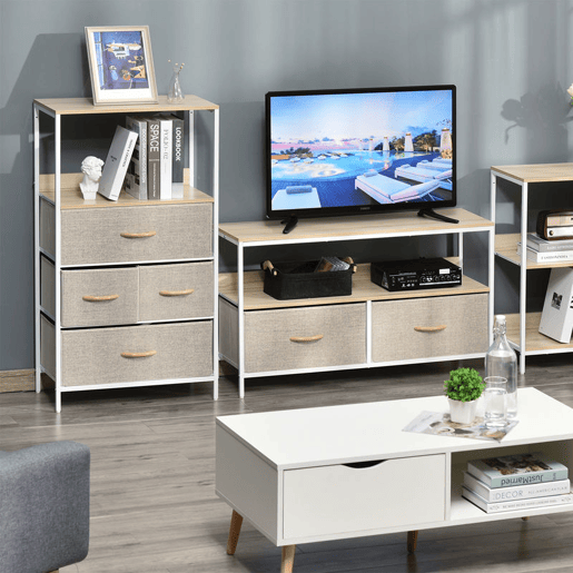 HOMCOM Cómoda com 4 Gavetas Dobráveis e Prateleira Aberta Cómoda com Gavetas de Tecido para Escritório Dormitórios Estilo Industrial Anti-Tombo 58x29x103cm Madeira e Cinza Claro