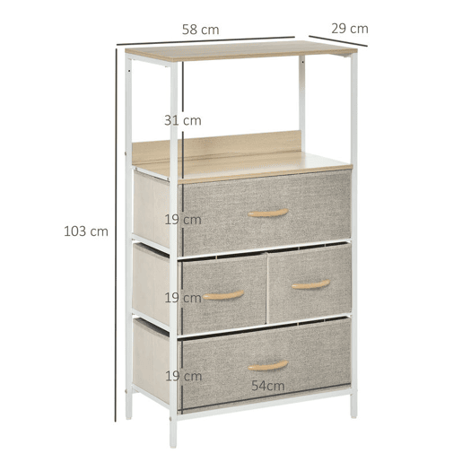 HOMCOM Cómoda com 4 Gavetas Dobráveis e Prateleira Aberta Cómoda com Gavetas de Tecido para Escritório Dormitórios Estilo Industrial Anti-Tombo 58x29x103cm Madeira e Cinza Claro