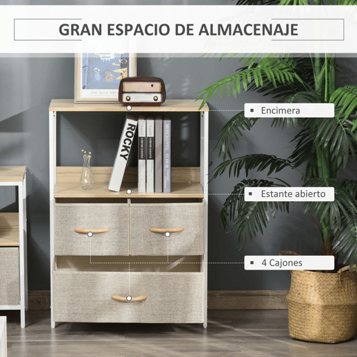 HOMCOM Cómoda com 4 Gavetas Dobráveis e Prateleira Aberta Cómoda com Gavetas de Tecido para Escritório Dormitórios Estilo Industrial Anti-Tombo 58x29x103cm Madeira e Cinza Claro