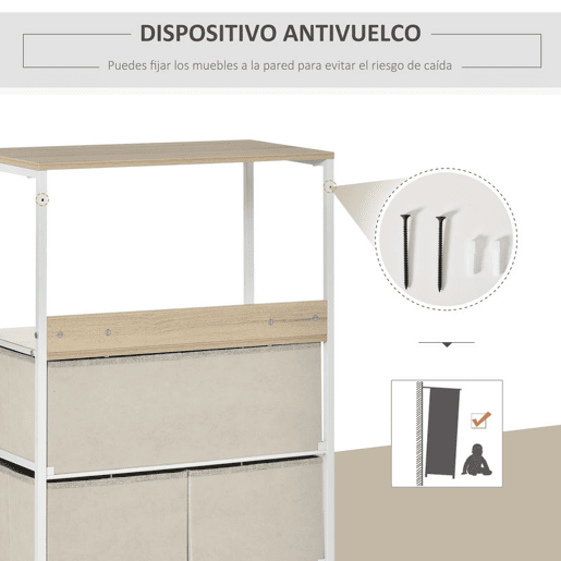 HOMCOM Cómoda com 4 Gavetas Dobráveis e Prateleira Aberta Cómoda com Gavetas de Tecido para Escritório Dormitórios Estilo Industrial Anti-Tombo 58x29x103cm Madeira e Cinza Claro