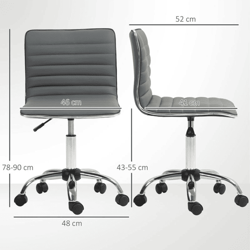 HOMCOM Cadeira de Escritório sem Apoio para os Braços Cadeira de Escritório Giratória com Altura Ajustável Cadeira para Estudo Estofada em PU Carga 120 kg 48x52x78-90 cm Cinza