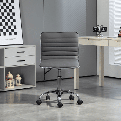HOMCOM Cadeira de Escritório sem Apoio para os Braços Cadeira de Escritório Giratória com Altura Ajustável Cadeira para Estudo Estofada em PU Carga 120 kg 48x52x78-90 cm Cinza