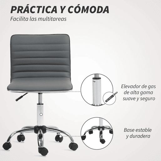 HOMCOM Cadeira de Escritório sem Apoio para os Braços Cadeira de Escritório Giratória com Altura Ajustável Cadeira para Estudo Estofada em PU Carga 120 kg 48x52x78-90 cm Cinza