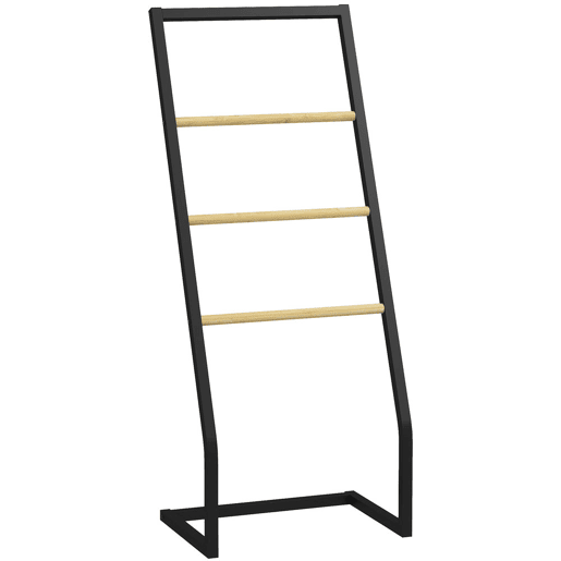 HOMCOM Toalheiro de Pé para Casa de Banho com 4 Barras em Bambu e Aço 40,5x28x98 cm Preto e Madeira