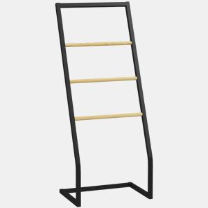HOMCOM Toalheiro de Pé para Casa de Banho com 4 Barras em Bambu e Aço 40,5x28x98 cm Preto e Madeira