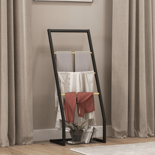 HOMCOM Toalheiro de Pé para Casa de Banho com 4 Barras em Bambu e Aço 40,5x28x98 cm Preto e Madeira