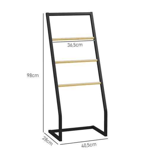 HOMCOM Toalheiro de Pé para Casa de Banho com 4 Barras em Bambu e Aço 40,5x28x98 cm Preto e Madeira