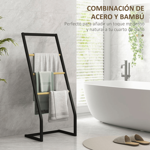 HOMCOM Toalheiro de Pé para Casa de Banho com 4 Barras em Bambu e Aço 40,5x28x98 cm Preto e Madeira