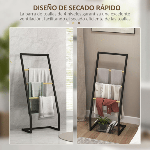 HOMCOM Toalheiro de Pé para Casa de Banho com 4 Barras em Bambu e Aço 40,5x28x98 cm Preto e Madeira