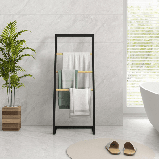 HOMCOM Toalheiro de Pé para Casa de Banho com 4 Barras em Bambu e Aço 40,5x28x98 cm Preto e Madeira