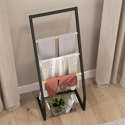 HOMCOM Toalheiro de Pé para Casa de Banho com 4 Barras em Bambu e Aço 40,5x28x98 cm Preto e Madeira